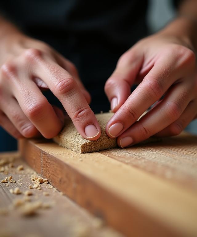 Le mani di un artigiano che levigano un pannello di legno.