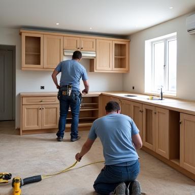 Team di installatori che monta una cucina su misura in un appartamento.