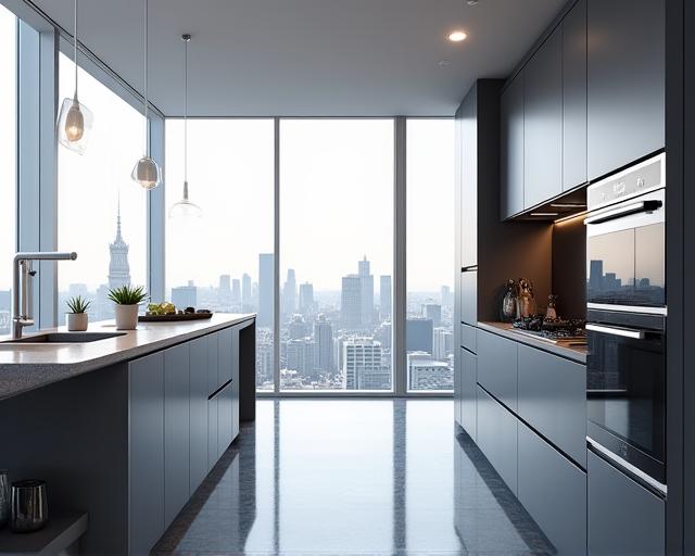 Cucina minimalista in un attico a Milano con vista sulla città.