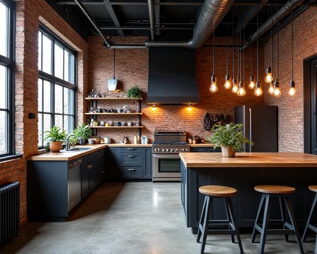 Cucina in stile industriale con elementi in metallo e legno grezzo.