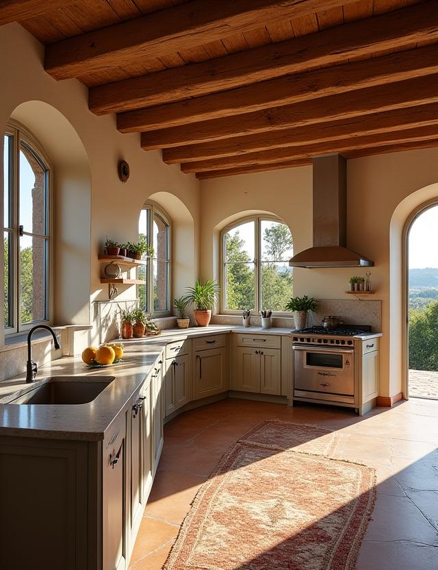 Cucina spaziosa in una villa in Toscana con travi a vista.